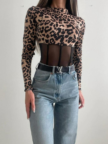 Нов дамски боди с леопардов принт, секси шевове и прозрачна мрежа, оформящ тялото, с дълъг ръкав и леопардов принт