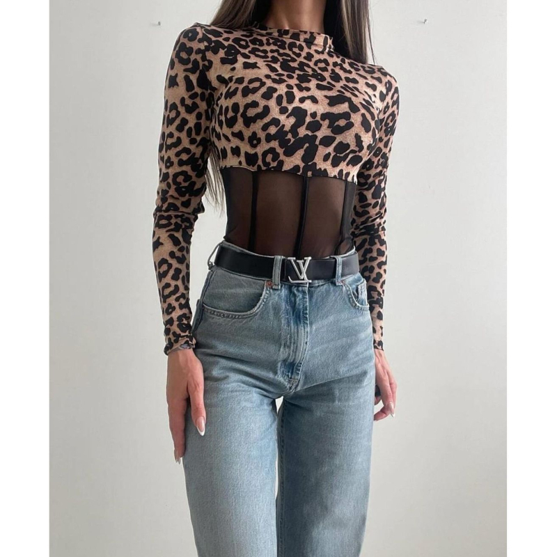 Határokon átnyúló új női vad leopárdmintás szexi varrású, átlátszó hálós, alakformáló body, hosszú ujjú, leopárdmintás