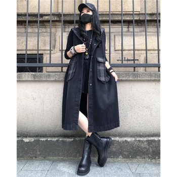 Νέο τζιν γιλέκο μεσαίου μήκους, με κουκούλα και ραφές, vintage πλυμένο, σε κορεάτικο στιλ, σε φαρδύ παλτό πάνω από το γόνατο, για μεγάλα μεγέθη του 2023.