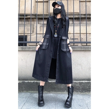 Νέο τζιν γιλέκο μεσαίου μήκους, με κουκούλα και ραφές, vintage πλυμένο, σε κορεάτικο στιλ, σε φαρδύ παλτό πάνω από το γόνατο, για μεγάλα μεγέθη του 2023.