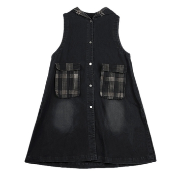 Νέο τζιν γιλέκο μεσαίου μήκους, με κουκούλα και ραφές, vintage πλυμένο, σε κορεάτικο στιλ, σε φαρδύ παλτό πάνω από το γόνατο, για μεγάλα μεγέθη του 2023.