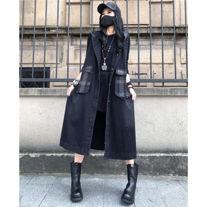 2023 Új, plus size, középhosszú, kapucnis, varrásos, vintage stílusú, mosott farmermellény, koreai stílusú, bő, térdig érő kabát.