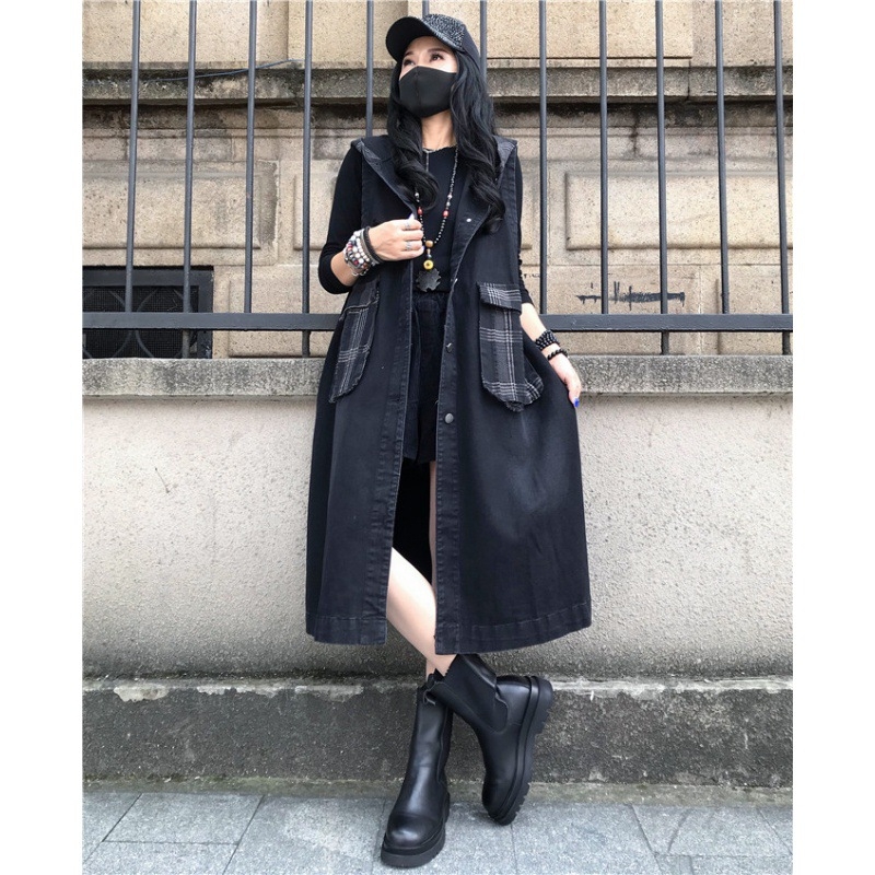 2023 Új, plus size, középhosszú, kapucnis, varrásos, vintage stílusú, mosott farmermellény, koreai stílusú, bő, térdig érő kabát.