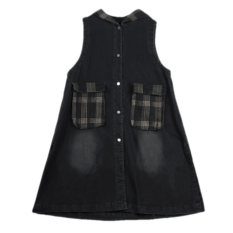 2023 Új, plus size, középhosszú, kapucnis, varrásos, vintage stílusú, mosott farmermellény, koreai stílusú, bő, térdig érő kabát.