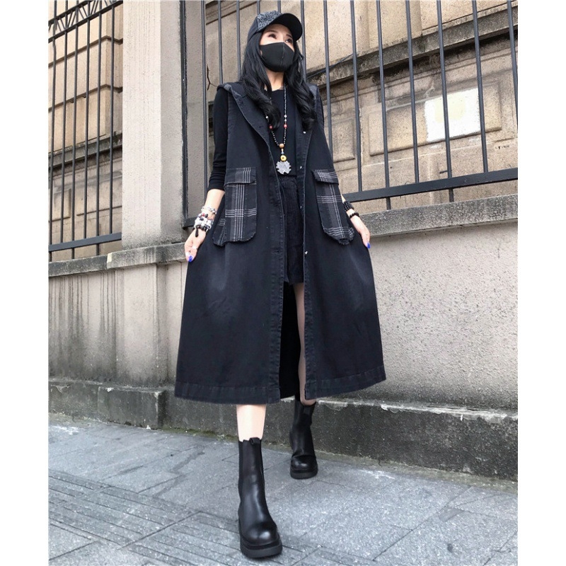 2023 Új, plus size, középhosszú, kapucnis, varrásos, vintage stílusú, mosott farmermellény, koreai stílusú, bő, térdig érő kabát.