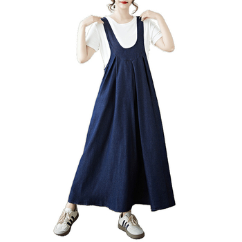 Fustă retro cu guler în U din denim cu bretele pentru femei 2025 Design nou casual vestă fustă vrac slăbire aspect fără mâneci fustă