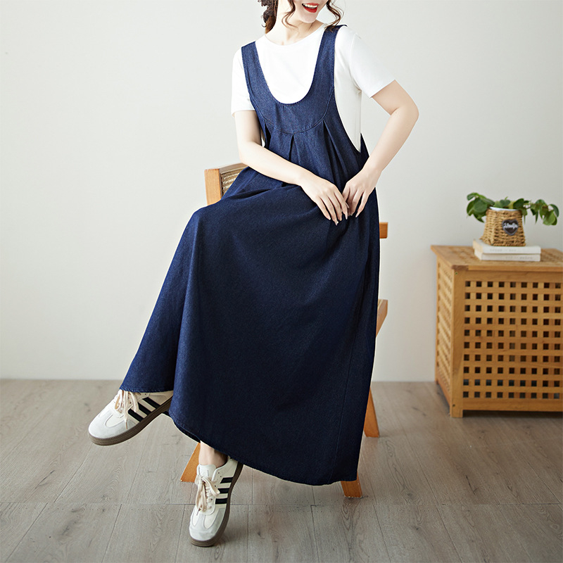 Fustă retro cu guler în U din denim cu bretele pentru femei 2025 Design nou casual vestă fustă vrac slăbire aspect fără mâneci fustă