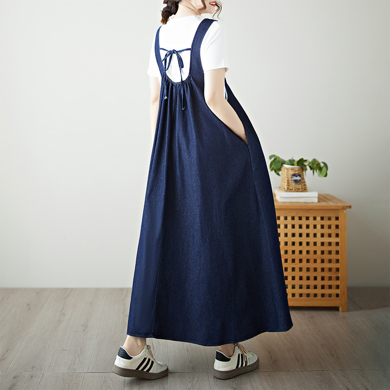 Fustă retro cu guler în U din denim cu bretele pentru femei 2025 Design nou casual vestă fustă vrac slăbire aspect fără mâneci fustă