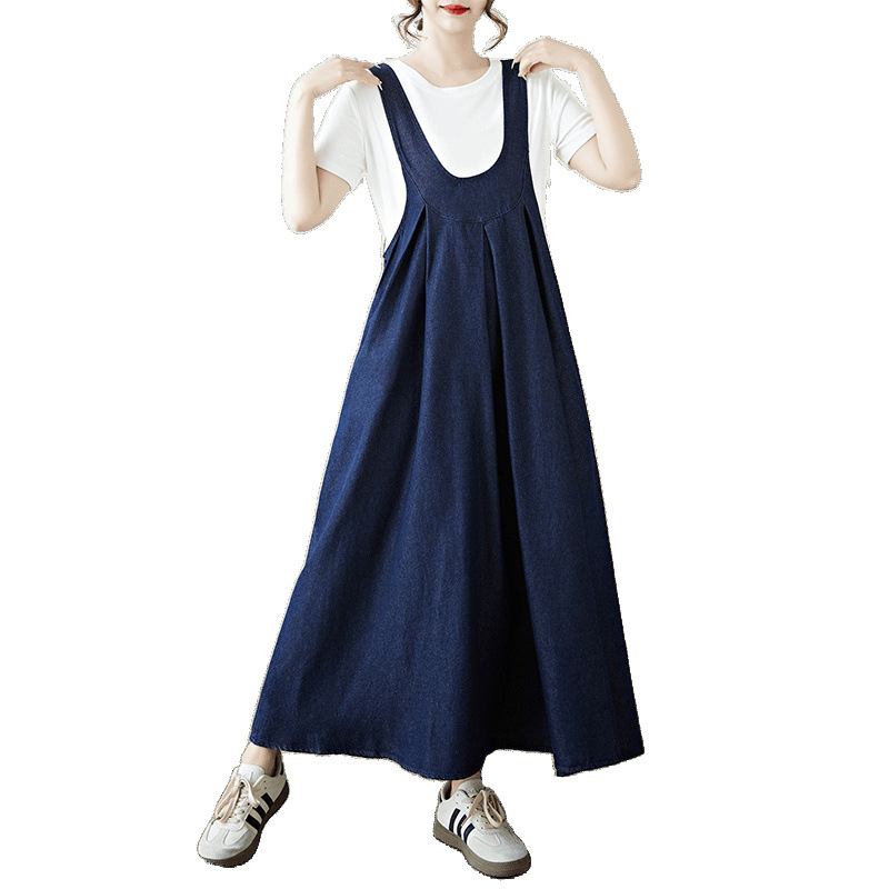 Fustă retro cu guler în U din denim cu bretele pentru femei 2025 Design nou casual vestă fustă vrac slăbire aspect fără mâneci fustă