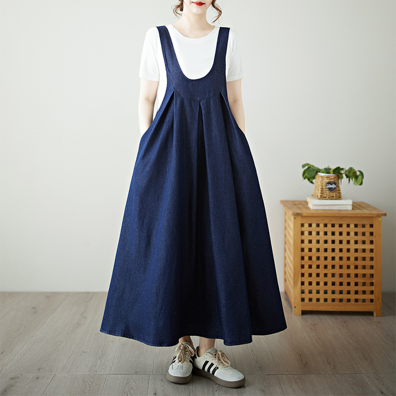 Fustă retro cu guler în U din denim cu bretele pentru femei 2025 Design nou casual vestă fustă vrac slăbire aspect fără mâneci fustă