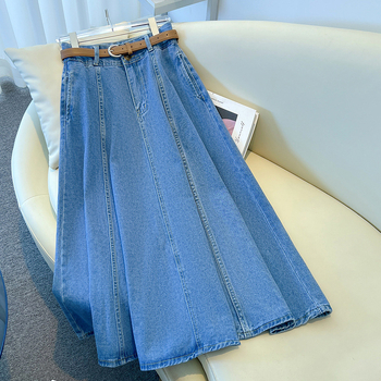 Ανοιχτό μπλε τζιν φούστα γυναικών, λεπτή καλοκαιρινή, 2025, νέα, casual, all-match φούστα με ψηλή μέση και κάλυψη γοφών, μακριά σε γραμμή Α
