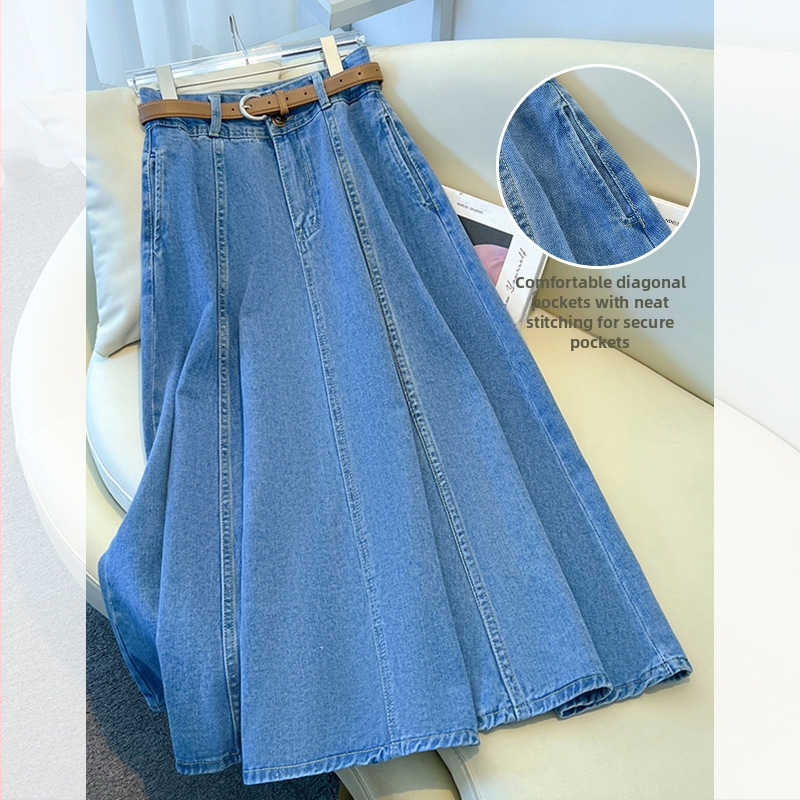 világoskék farmer szoknya női nyári vékony 2025 új hétköznapi mindenhez illő magas derekú, csípőt takaró hosszú A-vonalú szoknya