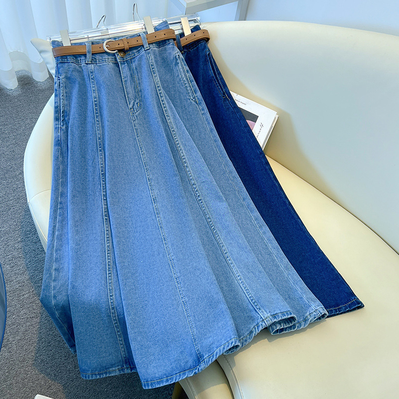 világoskék farmer szoknya női nyári vékony 2025 új hétköznapi mindenhez illő magas derekú, csípőt takaró hosszú A-vonalú szoknya