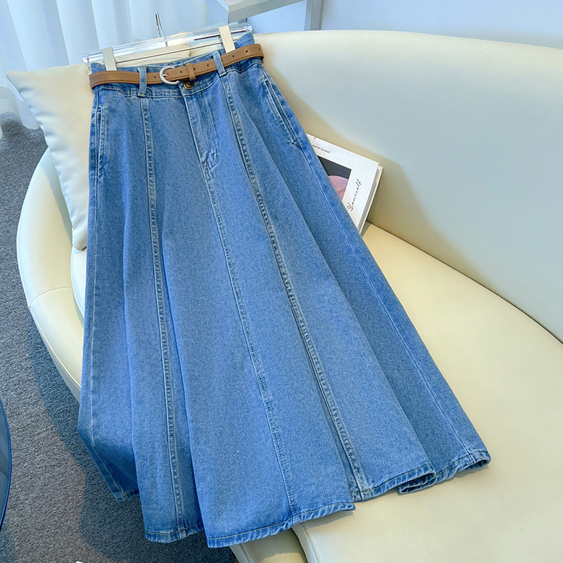 világoskék farmer szoknya női nyári vékony 2025 új hétköznapi mindenhez illő magas derekú, csípőt takaró hosszú A-vonalú szoknya