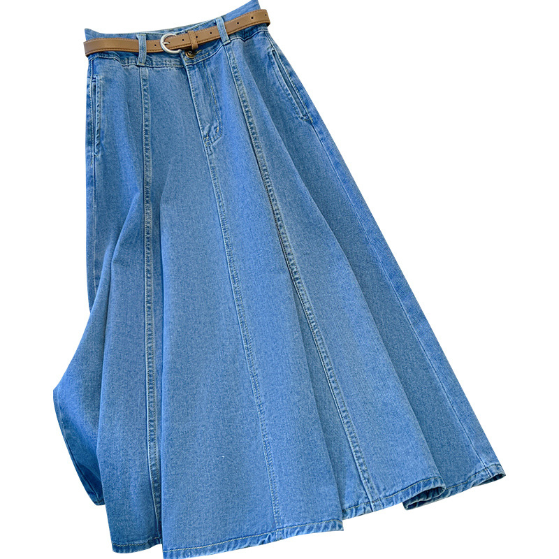 világoskék farmer szoknya női nyári vékony 2025 új hétköznapi mindenhez illő magas derekú, csípőt takaró hosszú A-vonalú szoknya