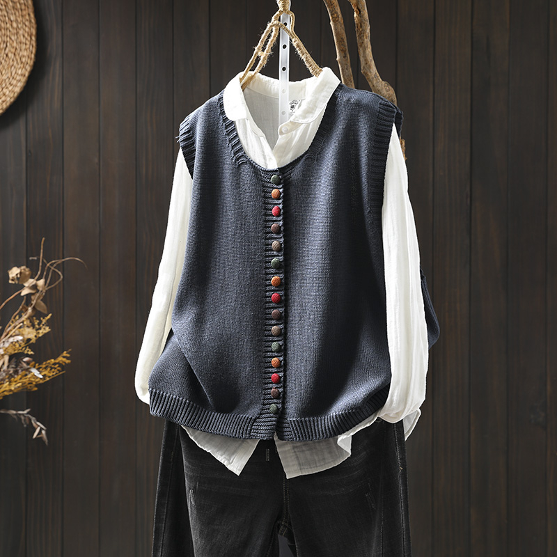 Színes gombos pamut kötött mellény női laza, karcsúsító őszi művészi lezser egymásra rakott ujjatlan mellény