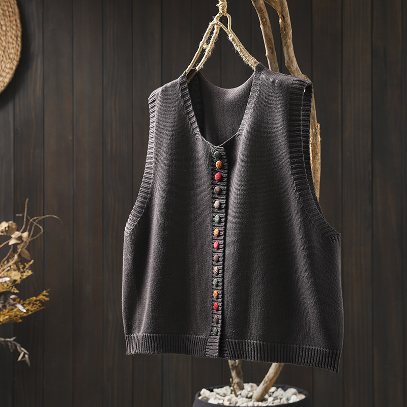Színes gombos pamut kötött mellény női laza, karcsúsító őszi művészi lezser egymásra rakott ujjatlan mellény