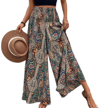 2025 Нови бохемски панталони с широки крачоли, ретро цветен принт, висока талия, свободна кройка