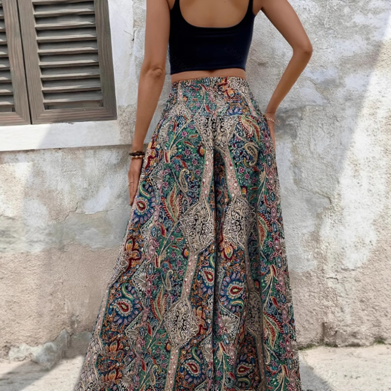 2025 Új Bohém Stílusú, Széles Lábú, Retro Színmintás, Magas Derekú, Laza Fazonú Nadrág