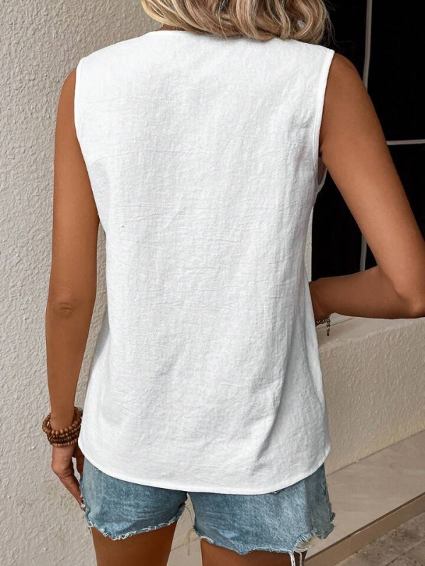 2024-es európai és amerikai nyári új női felső, csipkevarrásos, V-nyakú, laza, egyszínű felső