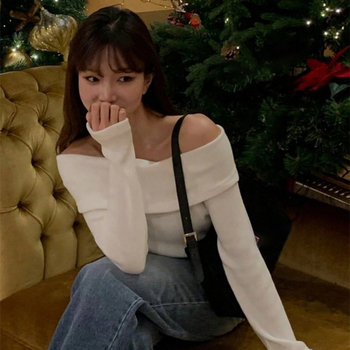 W192TP Sexy Spice 2024 Φθινόπωρο Νέο Μονόχρωμο Γυναικείο T-Shirt με Μακρυμάνικο Φλις και Ώμους