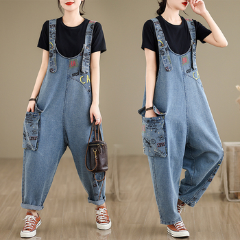 Nyomott patchwork farmer overall női 2024 nyári új érkezés plus size laza hétköznapi minden mérkőzésre alkalmas művészi Haren nadrág