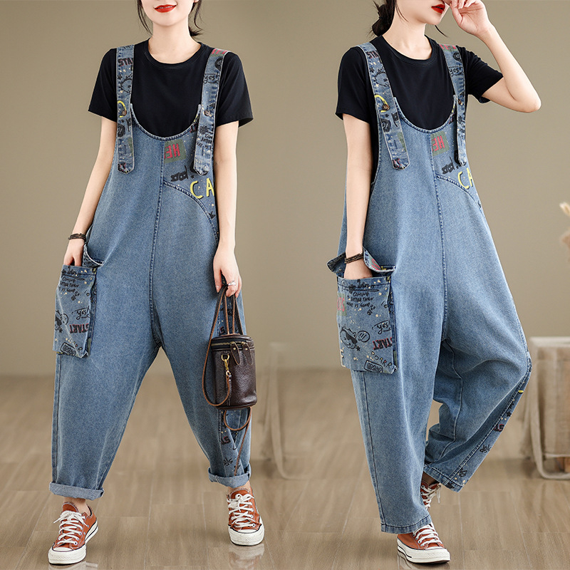 Nyomott patchwork farmer overall női 2024 nyári új érkezés plus size laza hétköznapi minden mérkőzésre alkalmas művészi Haren nadrág