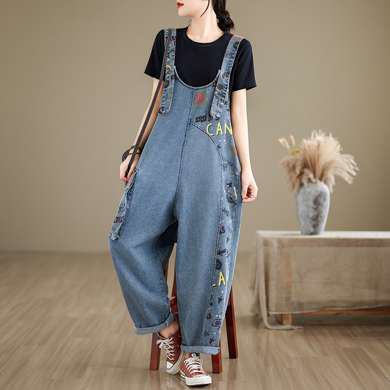 Nyomott patchwork farmer overall női 2024 nyári új érkezés plus size laza hétköznapi minden mérkőzésre alkalmas művészi Haren nadrág
