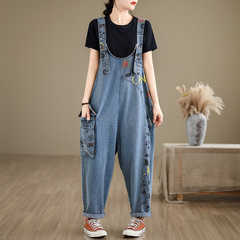 Nyomott patchwork farmer overall női 2024 nyári új érkezés plus size laza hétköznapi minden mérkőzésre alkalmas művészi Haren nadrág
