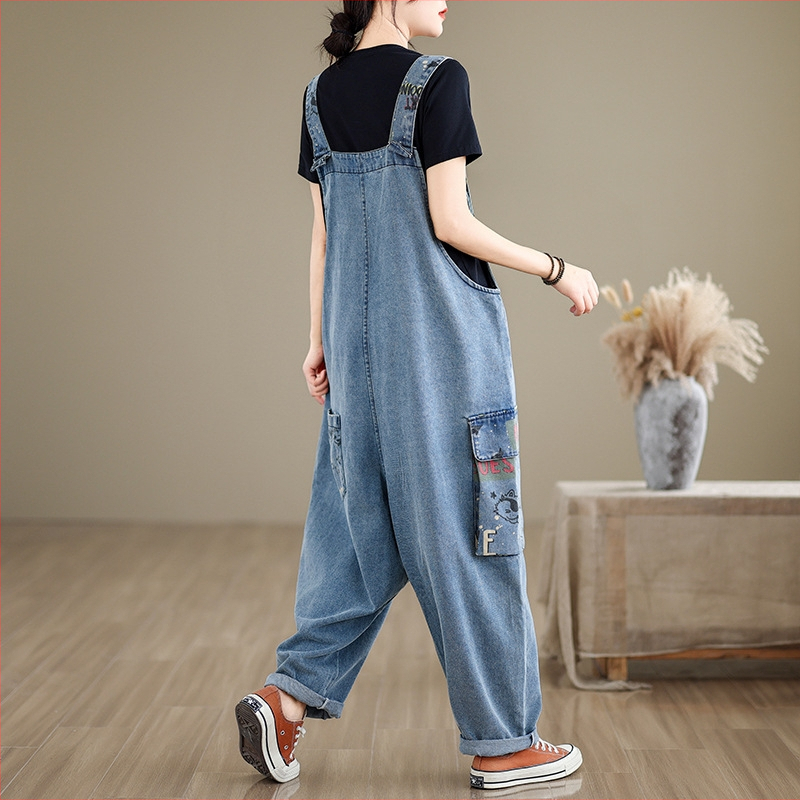 Dámske džínsové overaly s potlačou, patchwork, nový prírastok, letné 2024, plus size, voľné, ležérne, univerzálne, umelecké, Haren nohavice