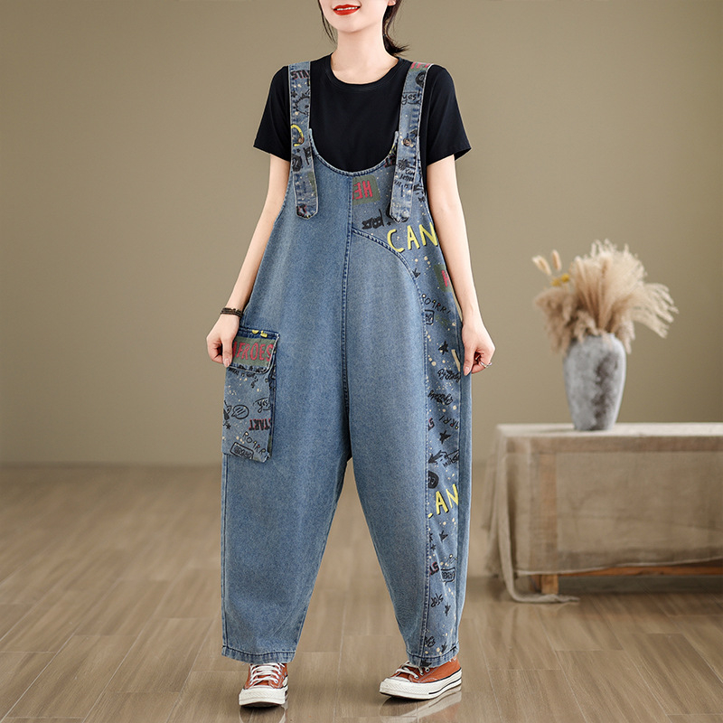 Nyomott patchwork farmer overall női 2024 nyári új érkezés plus size laza hétköznapi minden mérkőzésre alkalmas művészi Haren nadrág