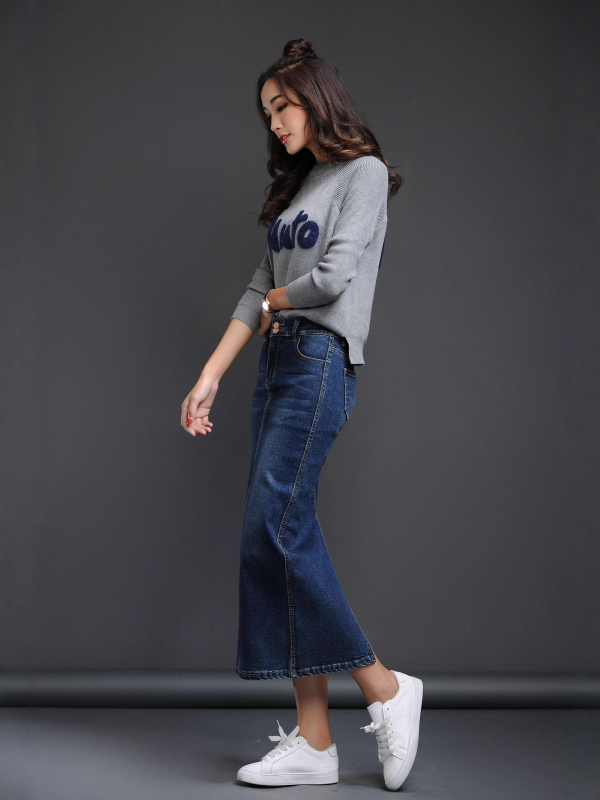 Félhosszúságú farmerszoknya nőknek, közepes hosszúságú 2025 rugalmas, magas derekú, koreai stílusú, karcsúsító, hátrahúzott hasítékkal, gyártói kínálat