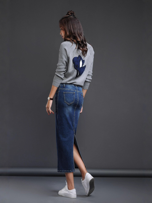 Félhosszúságú farmerszoknya nőknek, közepes hosszúságú 2025 rugalmas, magas derekú, koreai stílusú, karcsúsító, hátrahúzott hasítékkal, gyártói kínálat