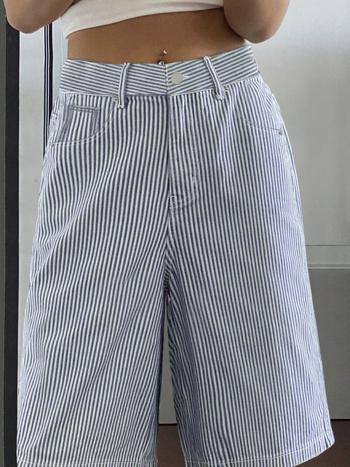 Határokon átnyúló külkereskedelem Amazon európai és amerikai mosott kék és fehér csíkos farmer rövidnadrág női lezser, mindennapi, bő, egyenes szárú, félhosszú nadrág