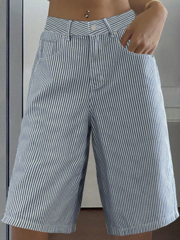 Határokon átnyúló külkereskedelem Amazon európai és amerikai mosott kék és fehér csíkos farmer rövidnadrág női lezser, mindennapi, bő, egyenes szárú, félhosszú nadrág