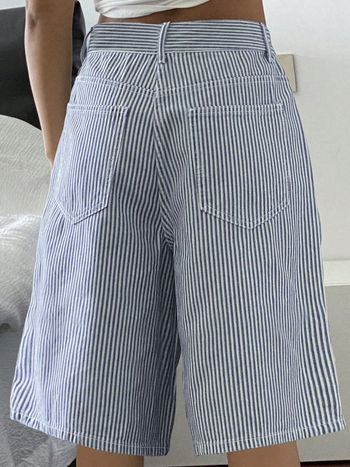 Határokon átnyúló külkereskedelem Amazon európai és amerikai mosott kék és fehér csíkos farmer rövidnadrág női lezser, mindennapi, bő, egyenes szárú, félhosszú nadrág