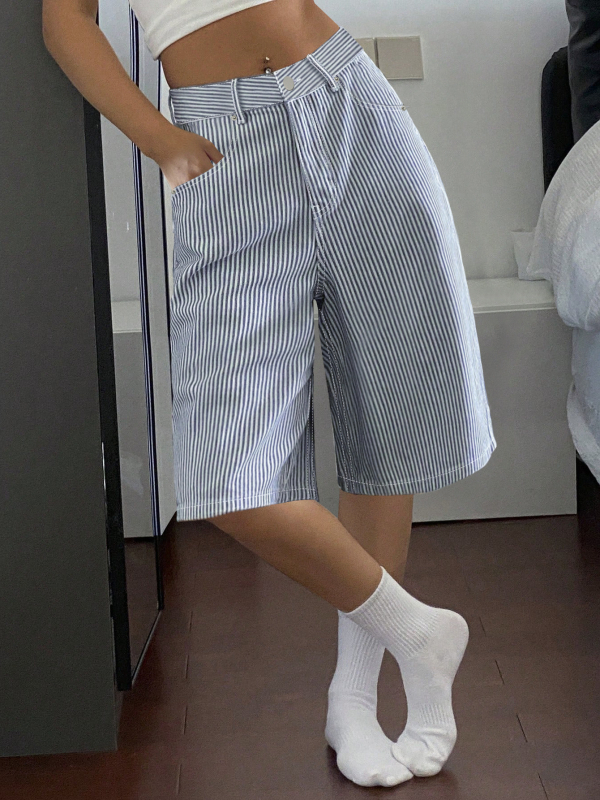 Határokon átnyúló külkereskedelem Amazon európai és amerikai mosott kék és fehér csíkos farmer rövidnadrág női lezser, mindennapi, bő, egyenes szárú, félhosszú nadrág