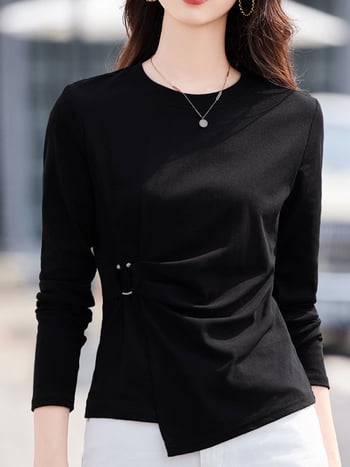 Design Sense hosszú ujjú női póló, tavaszi és őszi új, western stílusú, elegáns, niche rakott derekú, szabálytalan szegélyű felső