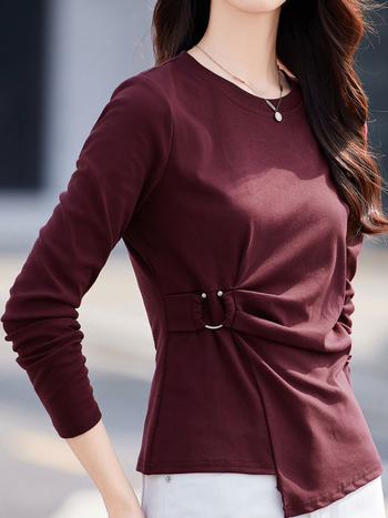 Design Sense hosszú ujjú női póló, tavaszi és őszi új, western stílusú, elegáns, niche rakott derekú, szabálytalan szegélyű felső