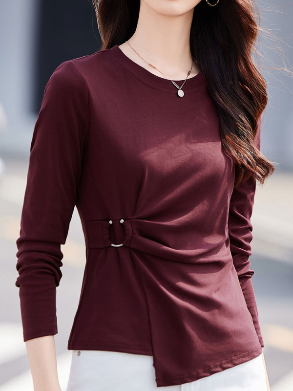 Design Sense hosszú ujjú női póló, tavaszi és őszi új, western stílusú, elegáns, niche rakott derekú, szabálytalan szegélyű felső