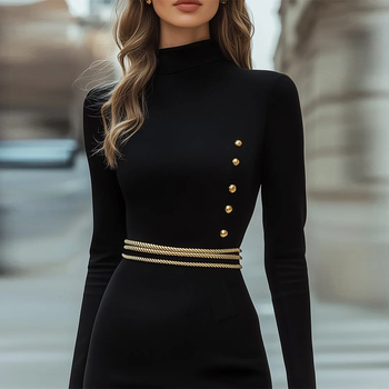 2025 νέο ευρωπαϊκό και αμερικανικό διασυνοριακό εξωτερικό εμπόριο Amazon γυναικών μέσης με μακριά μανίκια, λεπτό καθαρό μαύρο φόρεμα