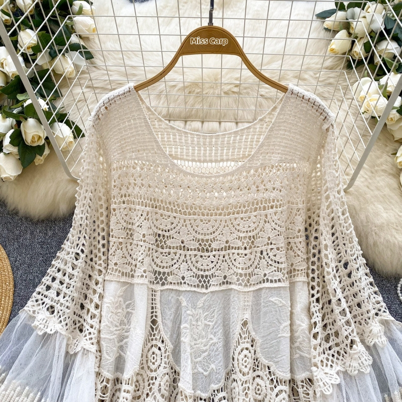 Dámske letné voľné krátke midi šaty v retro štýle s háčkovaným vzorom a švami v štýle boho