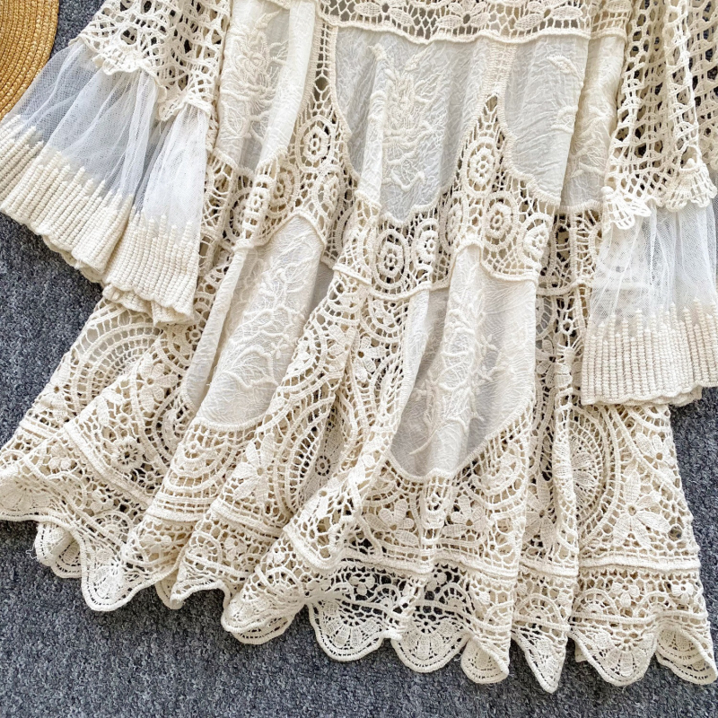 Bohém stílusú retró kötött ruha Női nyári laza, üreges horgolt mintás, elegáns rövid midi ruha