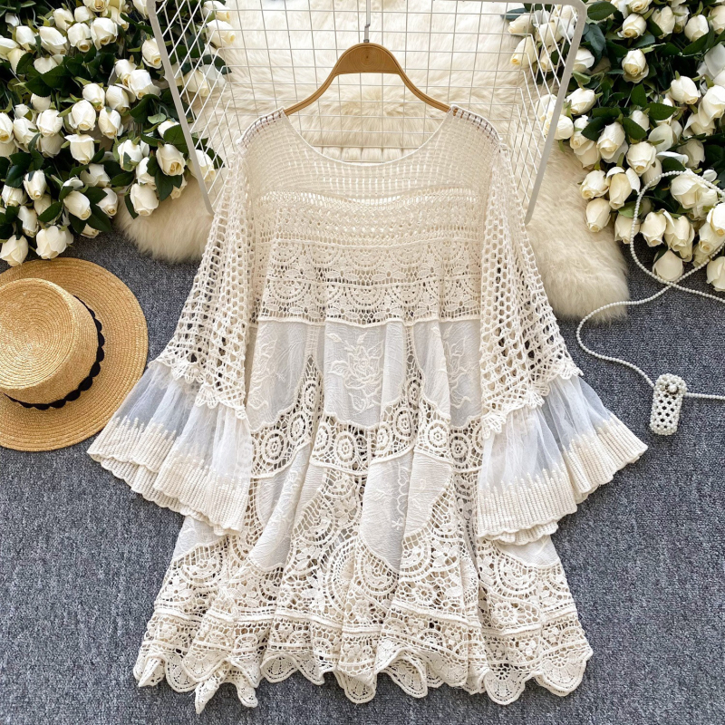 Bohém stílusú retró kötött ruha Női nyári laza, üreges horgolt mintás, elegáns rövid midi ruha