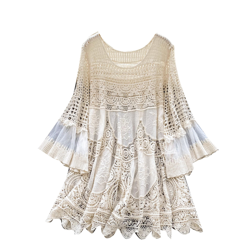 Bohém stílusú retró kötött ruha Női nyári laza, üreges horgolt mintás, elegáns rövid midi ruha