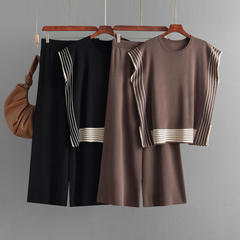 Divatos kosztüm Női Külkereskedelmi Csíkos Varrásos Kerek Nyakos Laza Kötött Pulóver Kétrészes Szett Magas Derekú Egyenes, Bő Szájú Nadrág