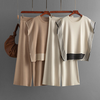 Μοντέρνο γυναικείο κοστούμι εξωτερικού εμπορίου με ρίγες και στρογγυλή λαιμόκοψη, πλεκτό πουλόβερ σετ δύο τεμαχίων, ίσιο παντελόνι με ψηλή μέση και φαρδιά μπατζάκια