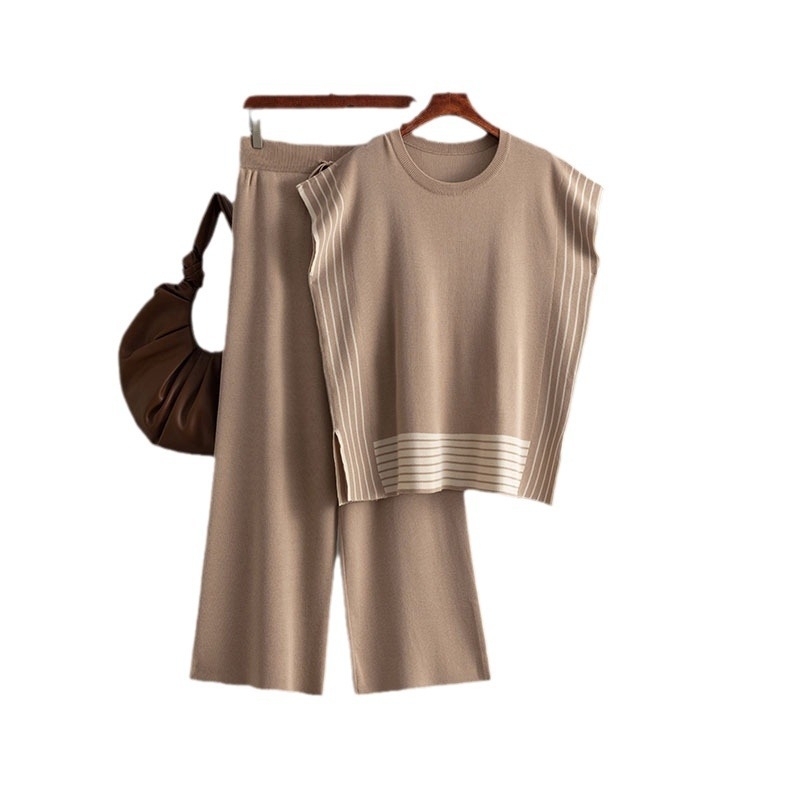 Divatos kosztüm Női Külkereskedelmi Csíkos Varrásos Kerek Nyakos Laza Kötött Pulóver Kétrészes Szett Magas Derekú Egyenes, Bő Szájú Nadrág