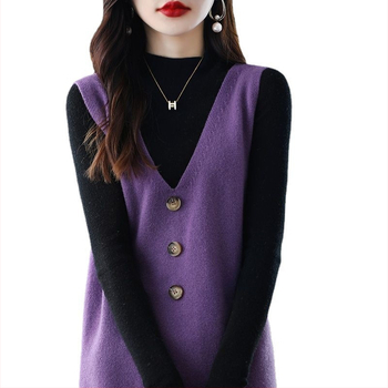 Őszi Új V-nyakú Kötött Mellényruha Hosszú Pulóver Gombos Egyszínű Laza Lezser Mellény Ujjatlan Ruha