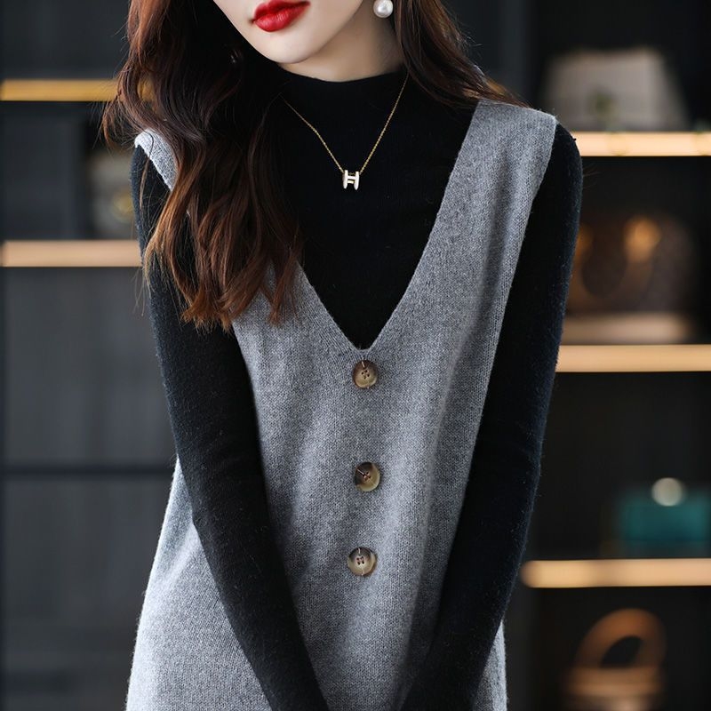 Őszi Új V-nyakú Kötött Mellényruha Hosszú Pulóver Gombos Egyszínű Laza Lezser Mellény Ujjatlan Ruha